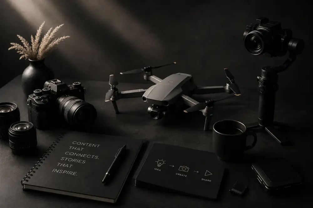 Content creation setup with camera equipment and social media edits